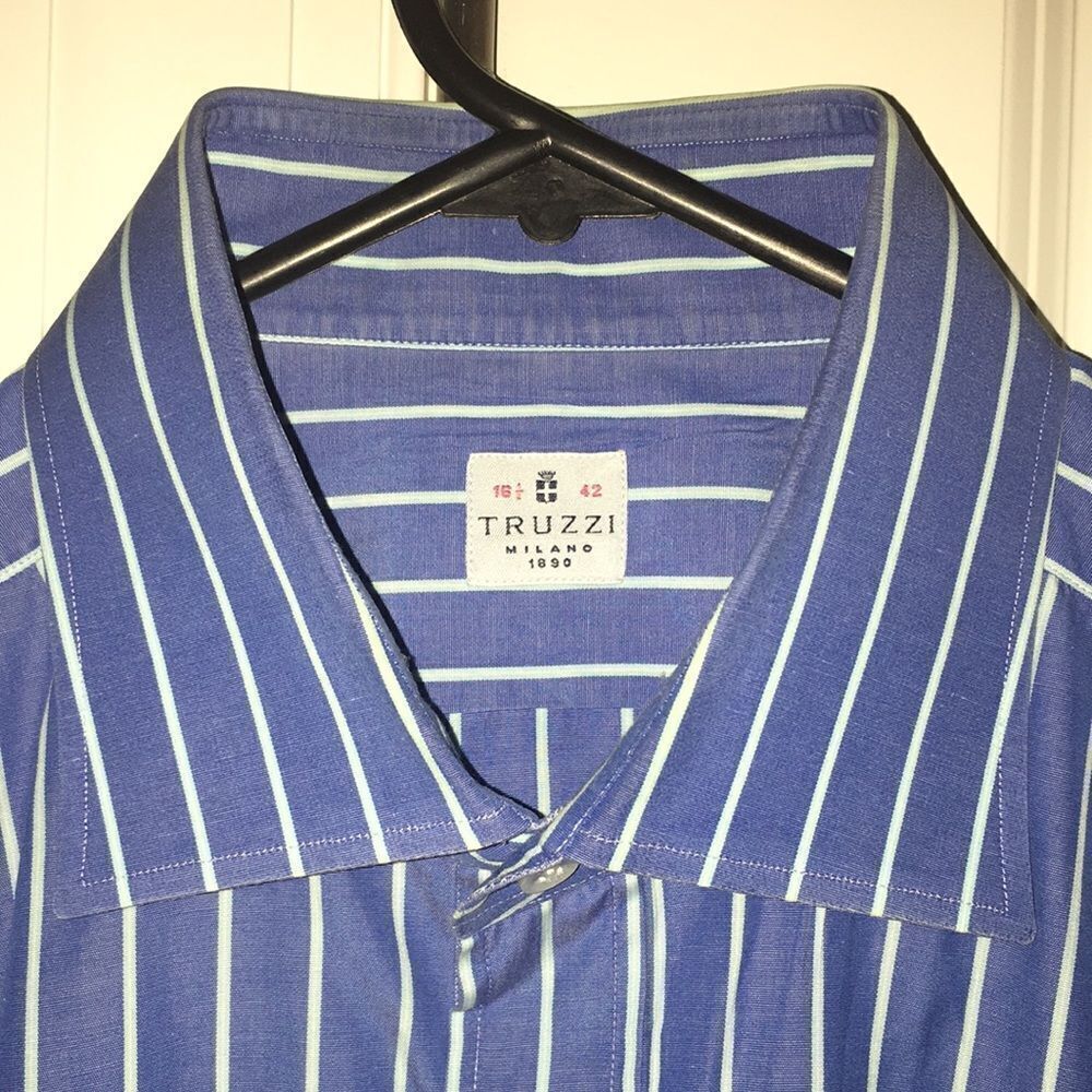 Truzzi Milano Italy Mens Dress Shirt 16 1/2 x 35/36 Blue tone pinstripe import